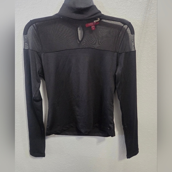 Black Sheer Mesh Collared Neckline & Solid Black  Long-Sleeve Top - Picture 2 of 6